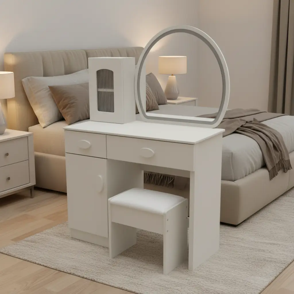 White Dressing Table with Round Mirror & Stool - Side Cabinet Dressing Table Bedroom Vanity Sets