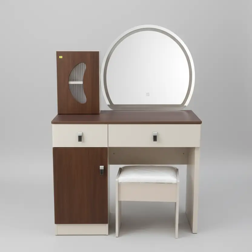 Walnut & White Dressing Table with Round Mirror & Stool Dressing Table Bedroom Vanity Sets