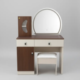 Walnut & White Dressing Table with Round Mirror & Stool Dressing Table Bedroom Vanity Sets