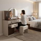 Walnut & White Dressing Table with Round Mirror & Stool Dressing Table Bedroom Vanity Sets