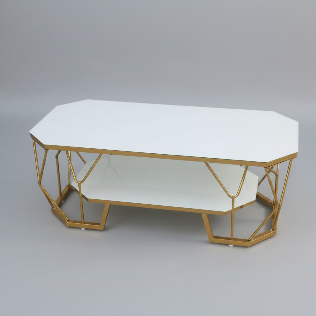 Octagonal Glass Coffee Table - Gold Geometric Frame & Shelf Coffee Table Coffee Tables