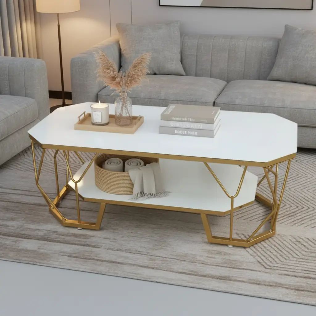 Octagonal Glass Coffee Table - Gold Geometric Frame & Shelf Coffee Table Coffee Tables