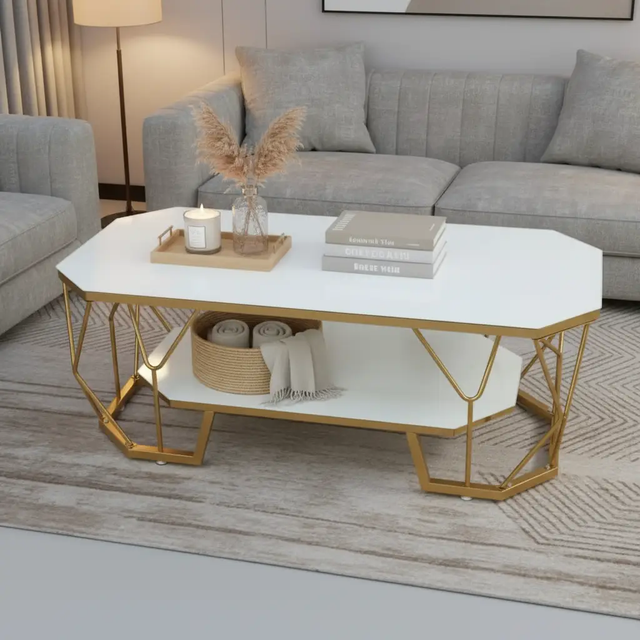Octagonal Glass Coffee Table - Gold Geometric Frame & Shelf Coffee Table Coffee Tables