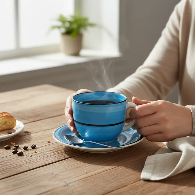 Blue Swirl Ceramic Tea Cup & Saucer Set - 8 Pcs (4 Cups + 4 Saucers) Drinkware Tea Sets