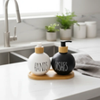 Ceramic Soap Dispenser Set - Hands & Dishes with Bamboo Tray Kitchenware Soap & Lotion Dispensers