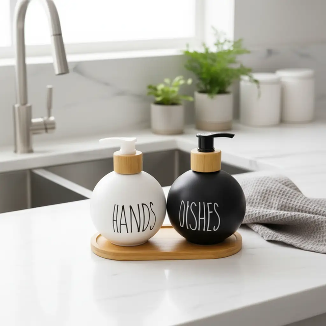 Ceramic Soap Dispenser Set - Hands & Dishes with Bamboo Tray Kitchenware Soap & Lotion Dispensers