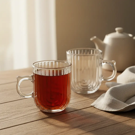Ribbed Glass Mug Set - 6 Pcs, 250ml Drinkware Mugs