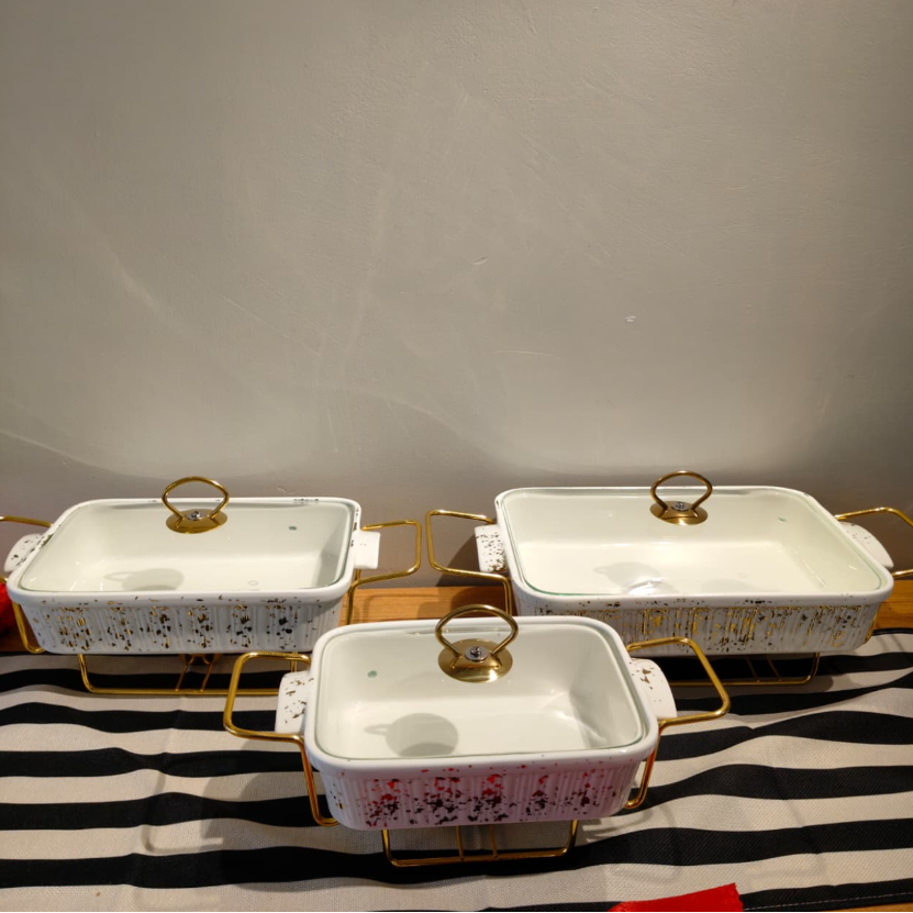 Ceramic Food Warmer Serving Dish Set - 3 Pcs with Gold Stands Food Warmer Chafing Dishes