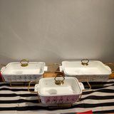 Ceramic Food Warmer Serving Dish Set - 3 Pcs with Gold Stands Food Warmer Chafing Dishes