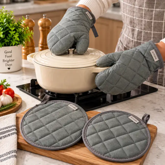 Quilted Cotton Oven Glove & Pot Holder Set Kitchen Linen Pot Holders