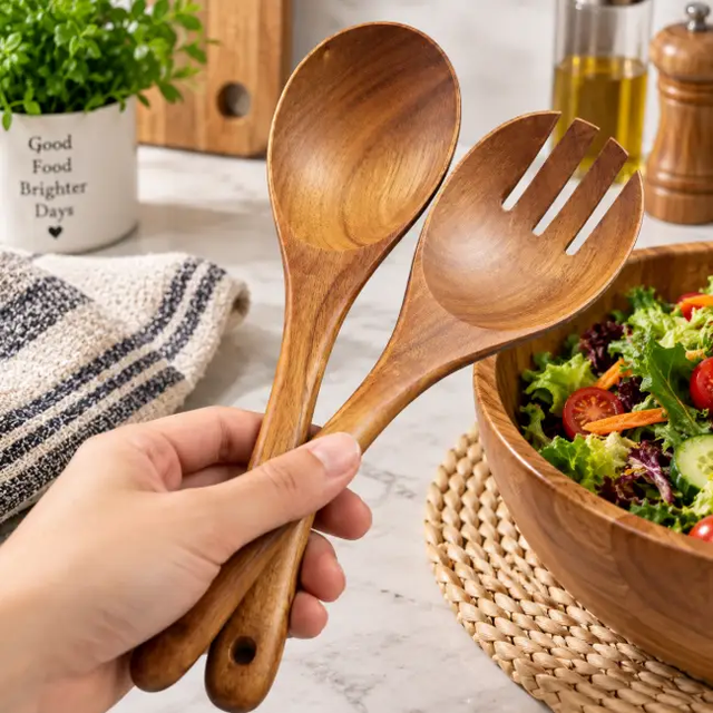 Mahogany Wood Salad Server Set - 2 Pcs, 25cm Kitchen Utensils Kitchen Utensil Sets