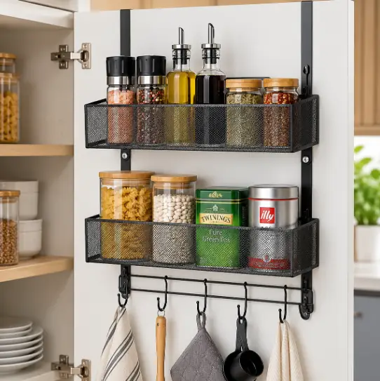 Over-Door 2-Tier Mesh Rack Organiser with Hooks Door Organiser Storage Hooks & Racks