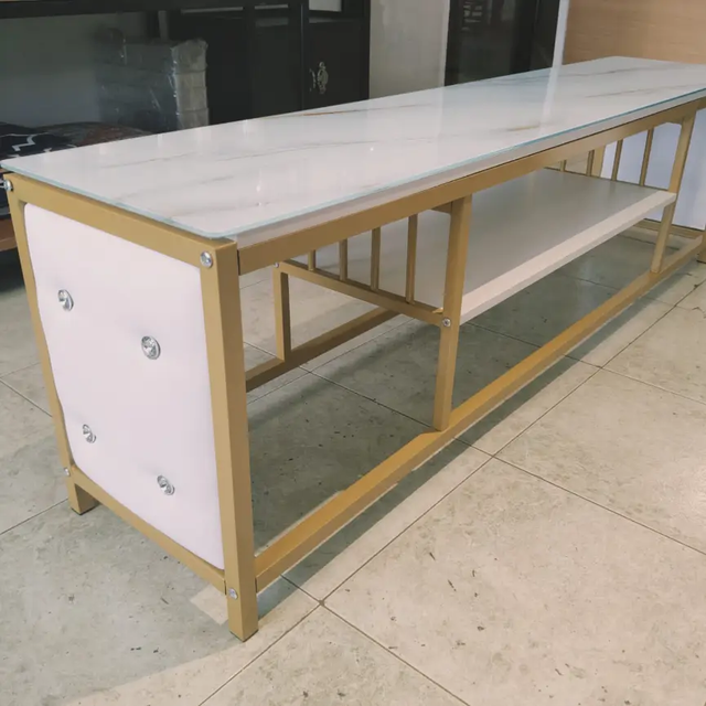 Marble Glass Top TV Stand with Gold Frame TV Stand Entertainment Centers & TV Stands