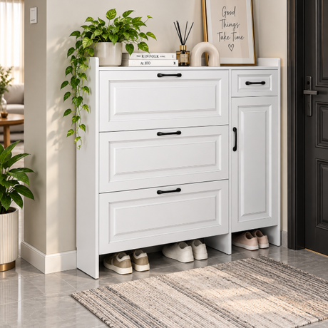 Combo Flip-Down Shoe Cabinet with Side Door - 120x100x24cm, White Shoe Cabinet Shoe Cabinets