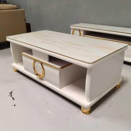 Glass Top Coffee Table with Drawer - 120x60x44cm, Cream & Gold Coffee Table Coffee Tables