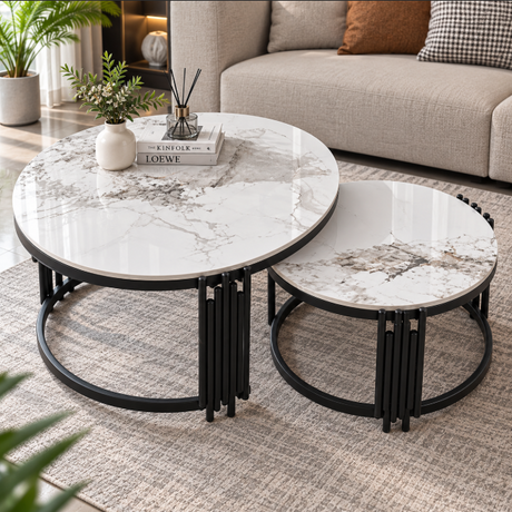 Marble Top Round Nesting Coffee Table Set of 2 - 78cm & 58.5cm Coffee Table Coffee Tables