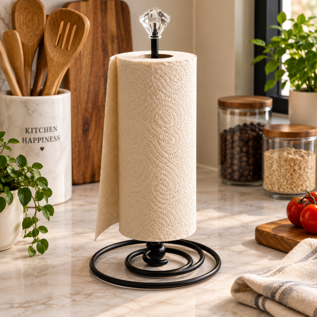 Metal Paper Towel Holder with Diamond Finial - Black & Gold Kitchen Organiser Paper Towel Holders