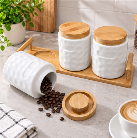 Ceramic Storage Canister Set with Bamboo Lids & Tray - 3pcs, White Storage Canister Set Food Storage Containers