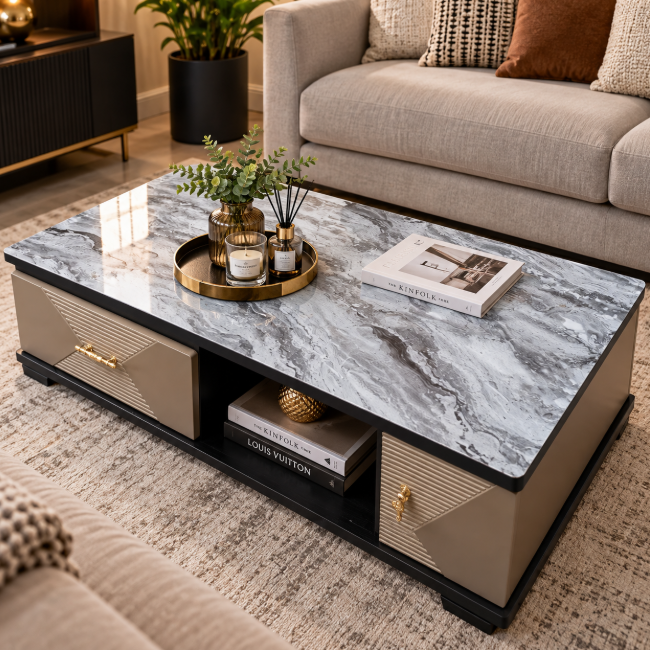Marble-Effect Glass Top Coffee Table with Drawers Coffee Table Coffee Tables