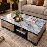 Marble-Effect Glass Top Coffee Table with Drawers Coffee Table Coffee Tables