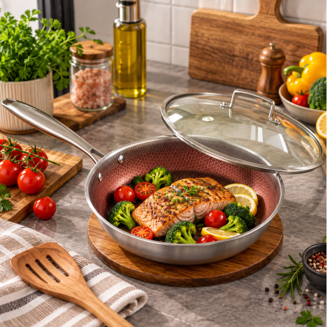 Triple-Layer Stainless Steel Non-Stick Frying Pan with Lid Frying Pan Frying Pans