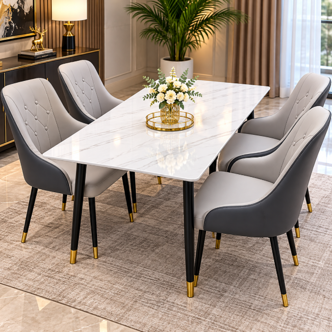 Marble Top Dining Table & 4 Grey Upholstered Chairs Set Dining Set Kitchen & Dining Furniture Sets