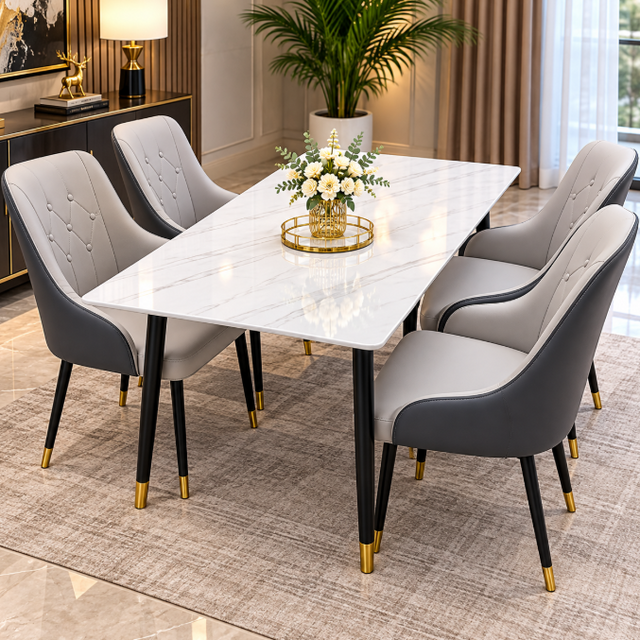 Marble Top Dining Table & 4 Grey Upholstered Chairs Set Dining Set Kitchen & Dining Furniture Sets