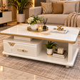 C336 White & Gold Marble Glass Top Coffee Table with Drawer Coffee Table Coffee Tables