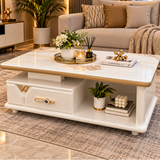 C336 White & Gold Marble Glass Top Coffee Table with Drawer Coffee Table Coffee Tables