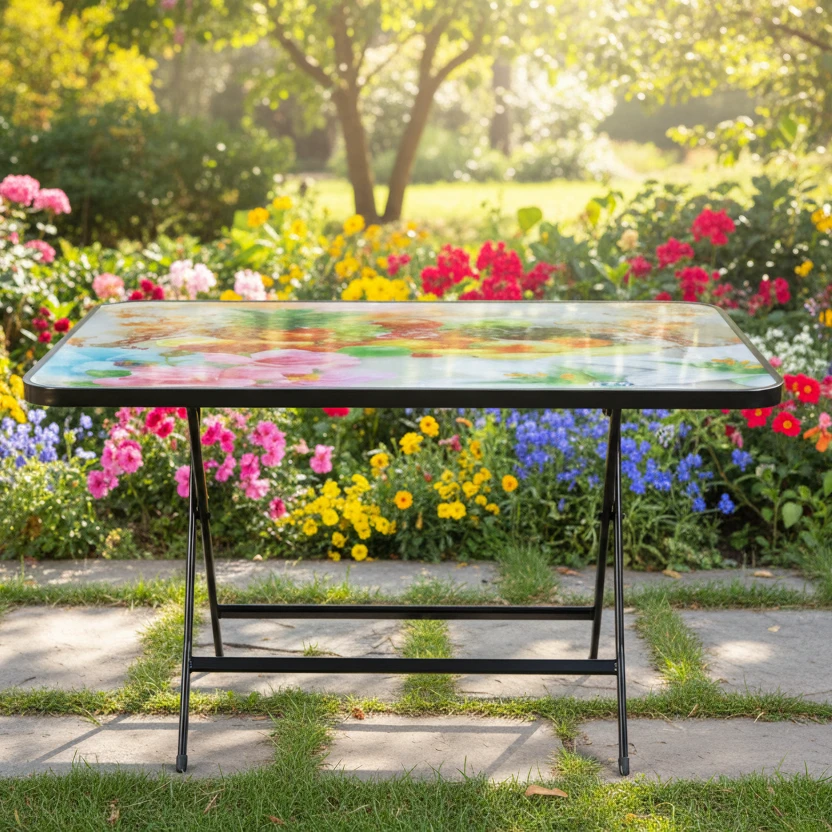 Foldable Table - Decorative Glass Top with Metal Frame Furniture Folding Tables