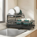 Dish Rack - Carbon Metal Two-Layer with Draining Tray | Black Kitchen & Dining Dish Racks