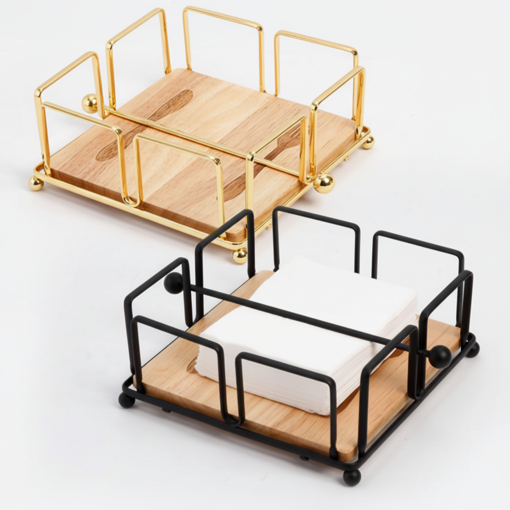 Luxury Metallic Serviette Holder with Bamboo Base and Napkin Holder