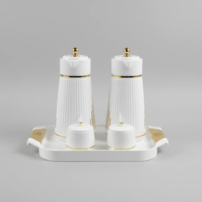 5 in 1 Breakfast Set with 2 Flasks 2 Sugar Canisters and Tray White Gold Non-Break Flask Serveware
