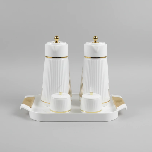 5 in 1 Breakfast Set with 2 Flasks 2 Sugar Canisters and Tray White Gold Non-Break Flask Serveware