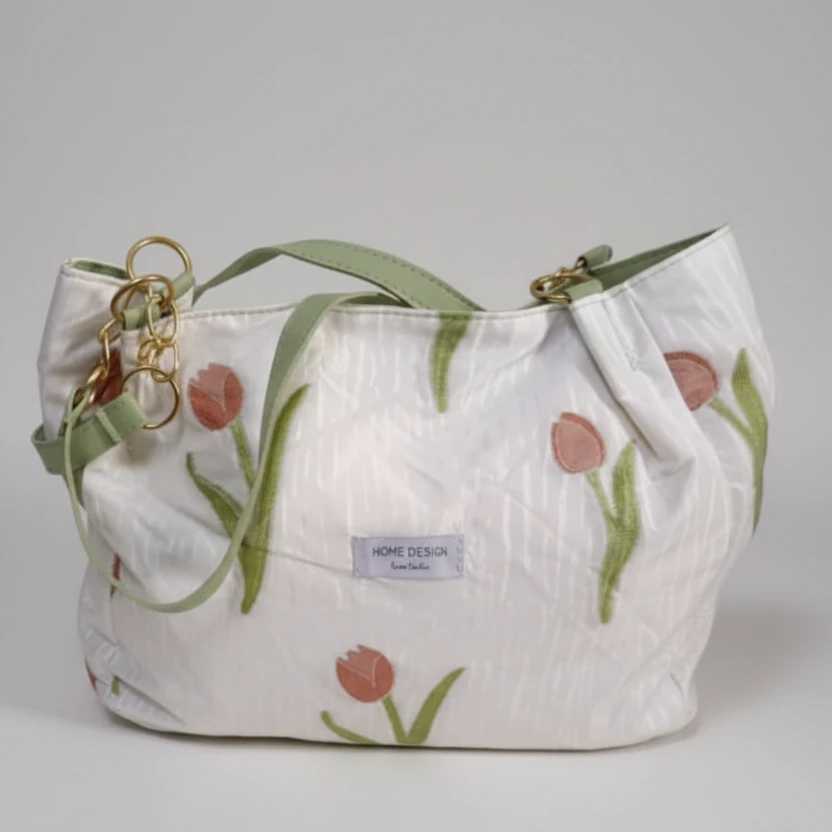 Casual Floral Canvas Tote Bag Tulip Print with Gold Chain Strap 38x14x27cm Bags & Accessories Shopper Bags
