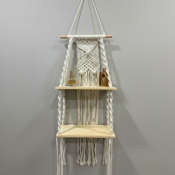 Wall Shelf - Woven Tapestry 2-Tier Bohemian Hanging with Macramé