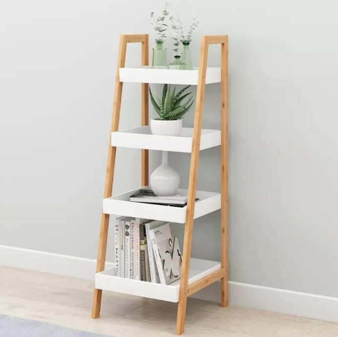 Wood Storage Display Shelf - 4-Tier Ladder Bookshelf Organizer