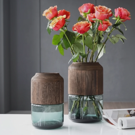 Modern Glass Vase - 36cm with Wooden Accent Home & Garden Vases