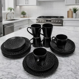 24-Piece Black Textured Dinner Set - Complete Tableware Kitchen & Dining Dinnerware Sets