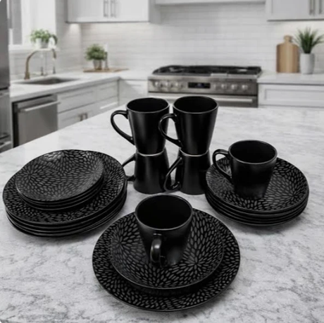 24-Piece Black Textured Dinner Set - Complete Tableware Kitchen & Dining Dinnerware Sets