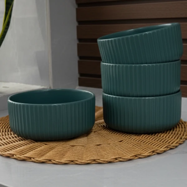 6 Piece Ribbed Ceramic Bowls in Teal Blue Kitchen & Dining Bowls