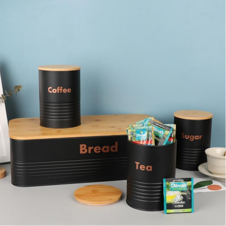 4 Piece Bread Bin with 3 Canister Set Black with Bamboo Lids Kitchen & Dining Food Storage Containers