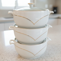 3 Piece Ceramic Serving Bowl Set with Glass Lids and Gold Trim Kitchen & Dining Serving Platters