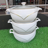3 Piece Ceramic Serving Bowl Set with Glass Lids and Gold Trim