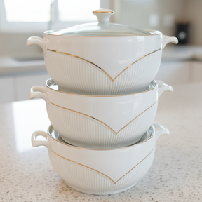 3 Piece Ceramic Serving Bowl Set with Glass Lids and Gold Trim Kitchen & Dining Serving Platters