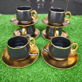 6 Piece Black and Gold Ceramic Cup and Saucer Set Kitchen & Dining Coffee Sets