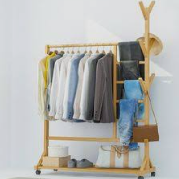 Bamboo Clothes Rack with Wheels and Storage Shelf Home & Garden Garment Racks