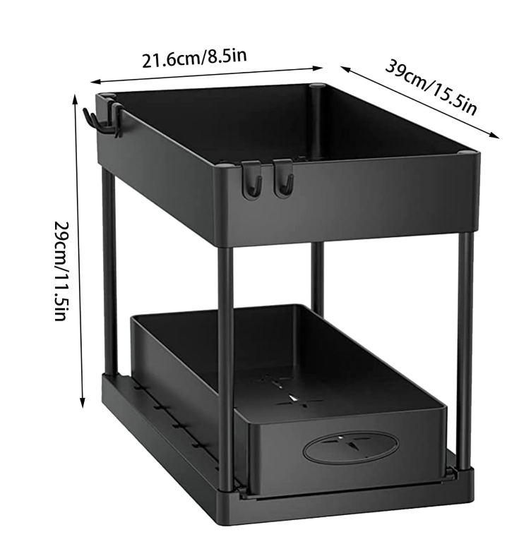 2 Tier Multi-Purpose Pull-Out Storage Rack with Side Hooks