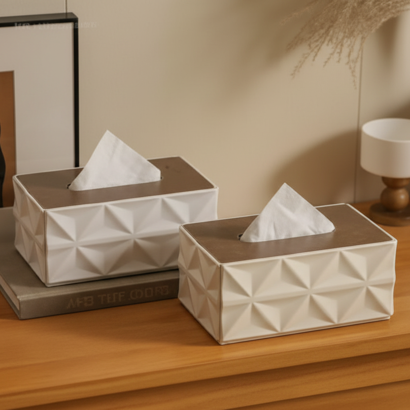 Luxury Geometric Tissue Box Holder with Wood-Finish Top