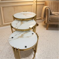 3 in 1 Executive Pure Marble Nesting Tables with Gold Frame Home & Garden Accent Tables